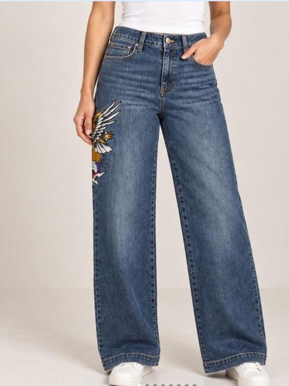 High-Rise Wide Leg Embroidered Blue Jeans